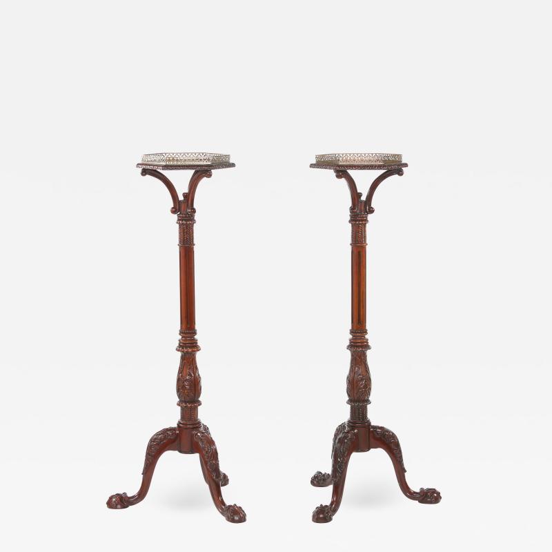 Pair Mahogany Wood Gallery Top Tray Pedestal Tables