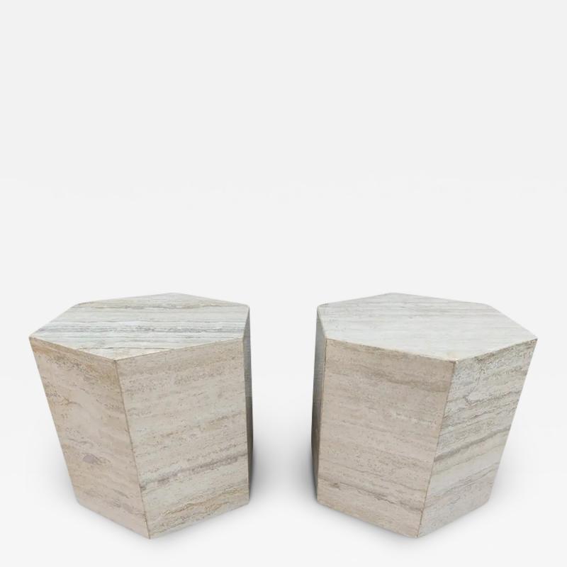 Pair Matching Post Modern Italian Travertine Marble Hexagonal Side Tables 1970s