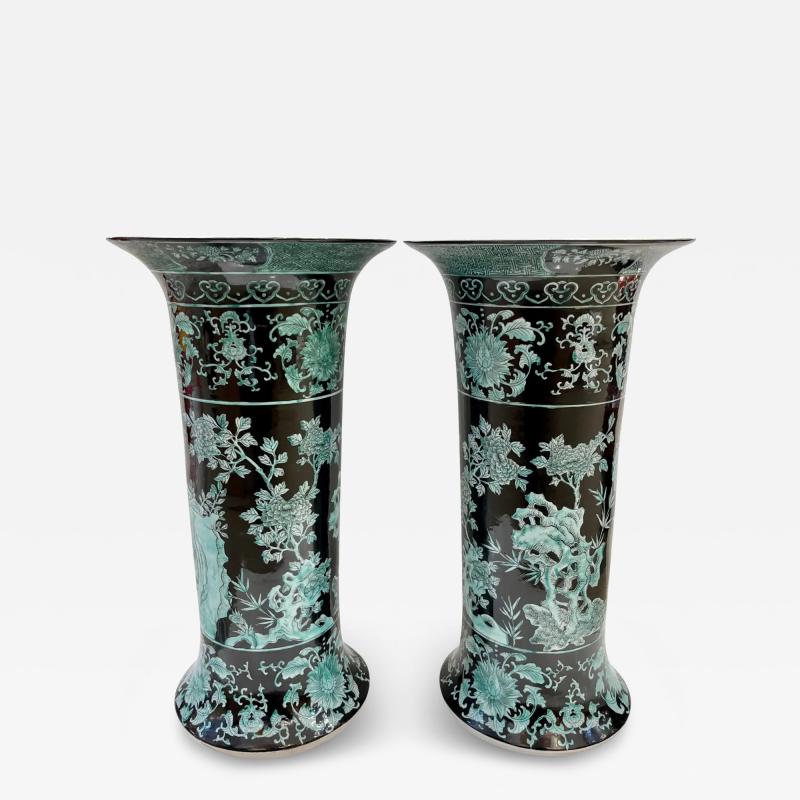 Pair Mid 20th Century Chinese Export Jet Black Green Porcelain Tall Roll Vases