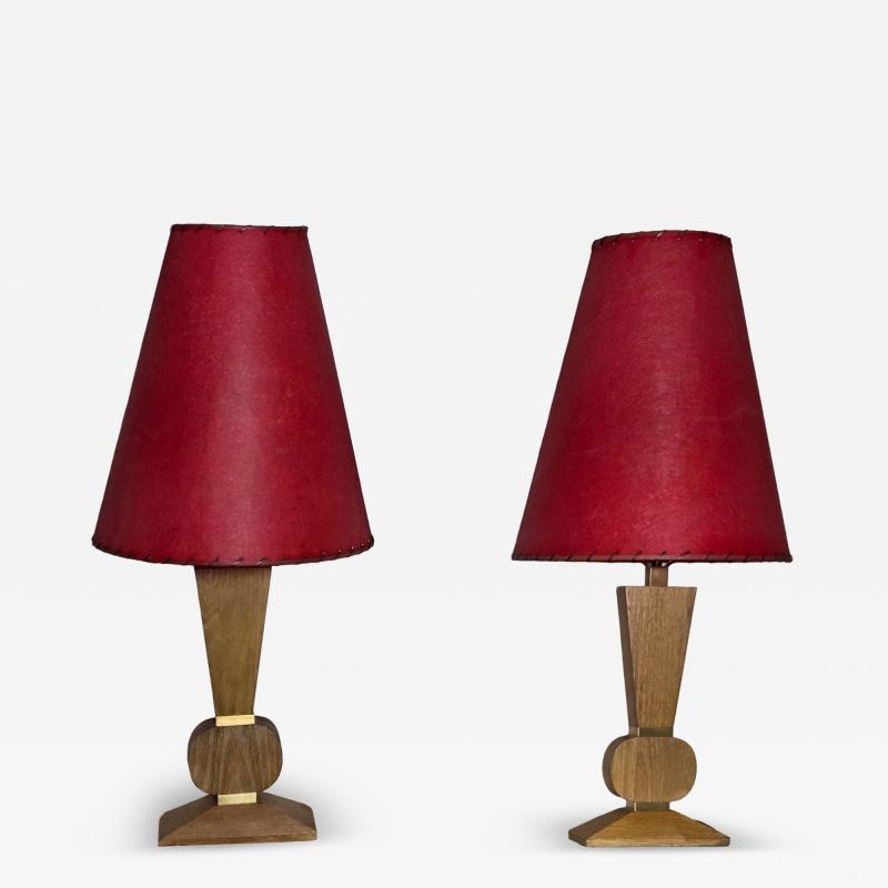 Pair Mid Century Brancusi Cerused Oak Lamps W Original Red Fiberglass Shades