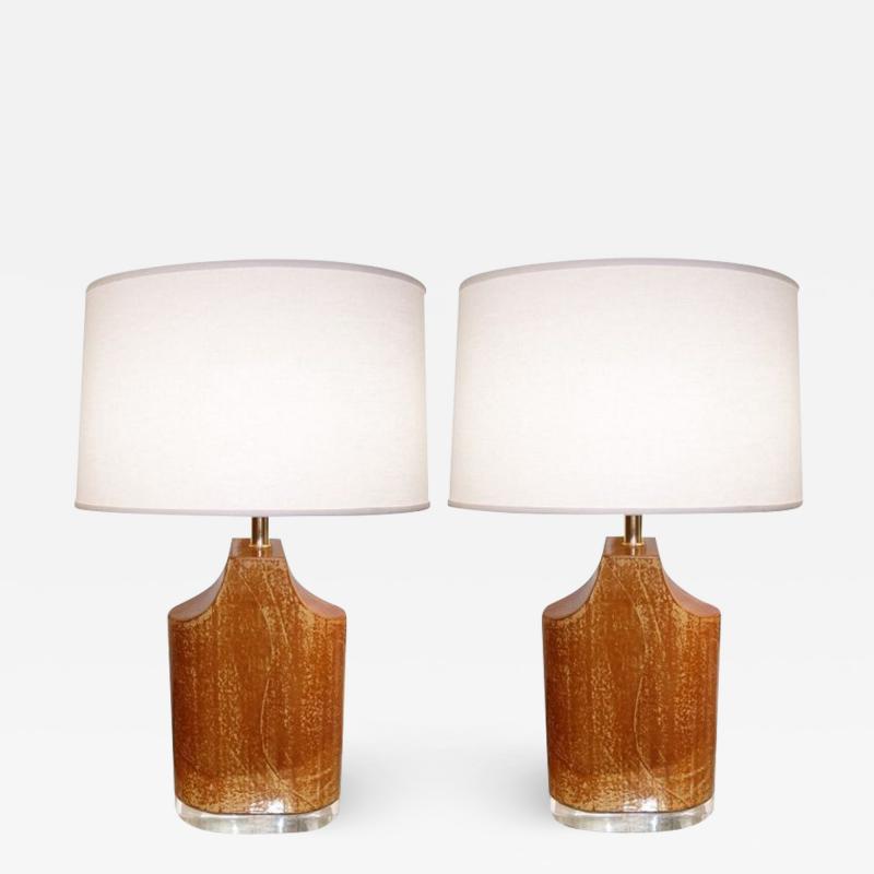 Pair Mid Century Modern Table Lamps Goatskin and Lucite Manner Karl Springer