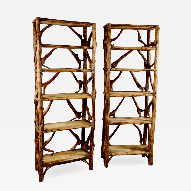 Pair Mid Century Tall Rustic Adirondak Style Bookcase