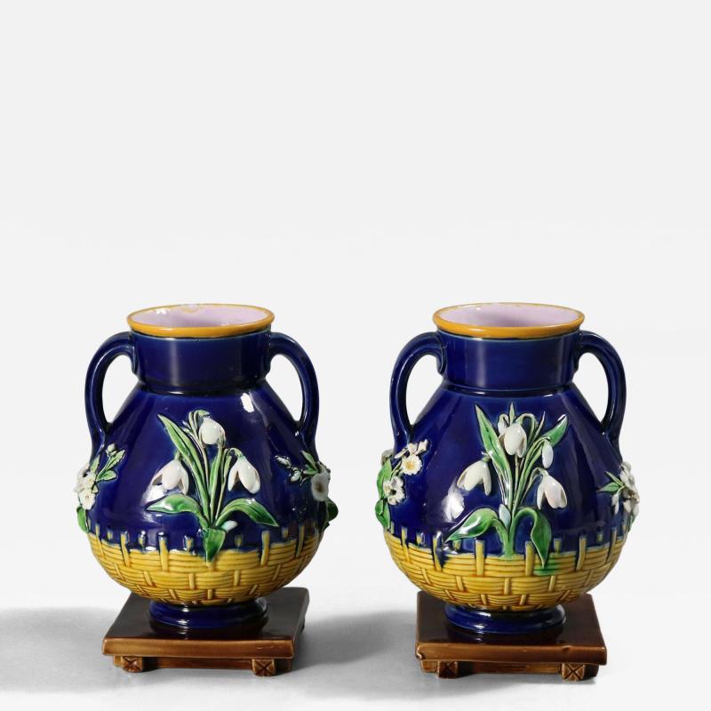 Pair Minton Majolica Floral Vases with Twin Handles