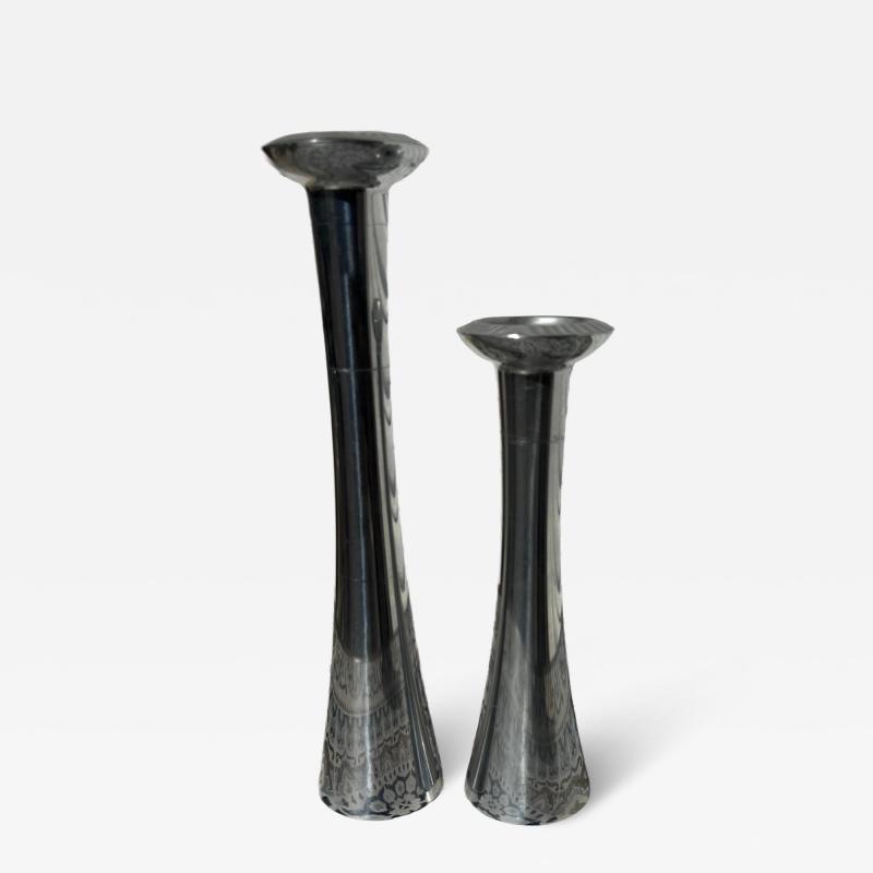 Pair Nambe Polished Aluminum 2 Tier Candleholders