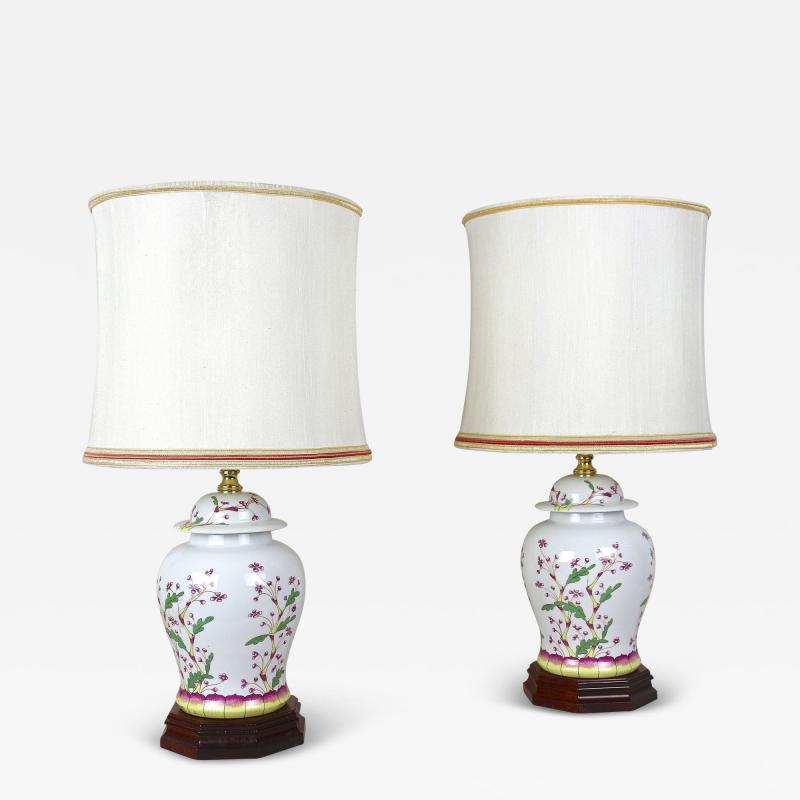 Pair Of 20th Century Ceramic Table Lamps With Lampshades Italy ca 1970s