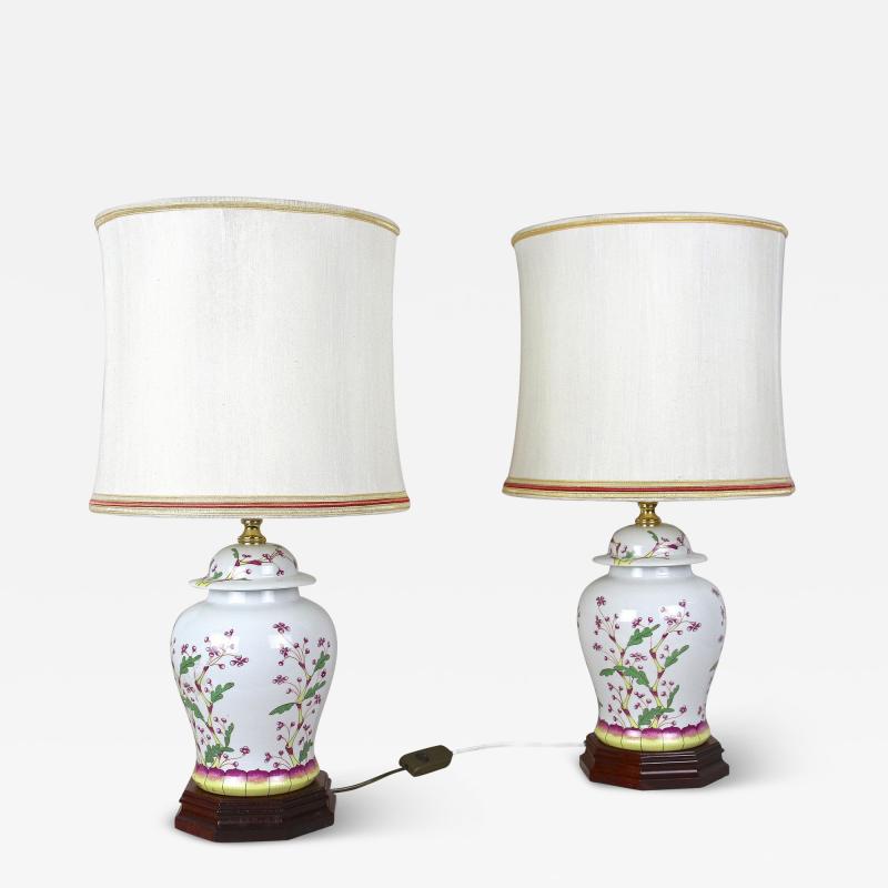 Pair Of 20th Century Ceramic Table Lamps With Lampshades Italy ca 1970s