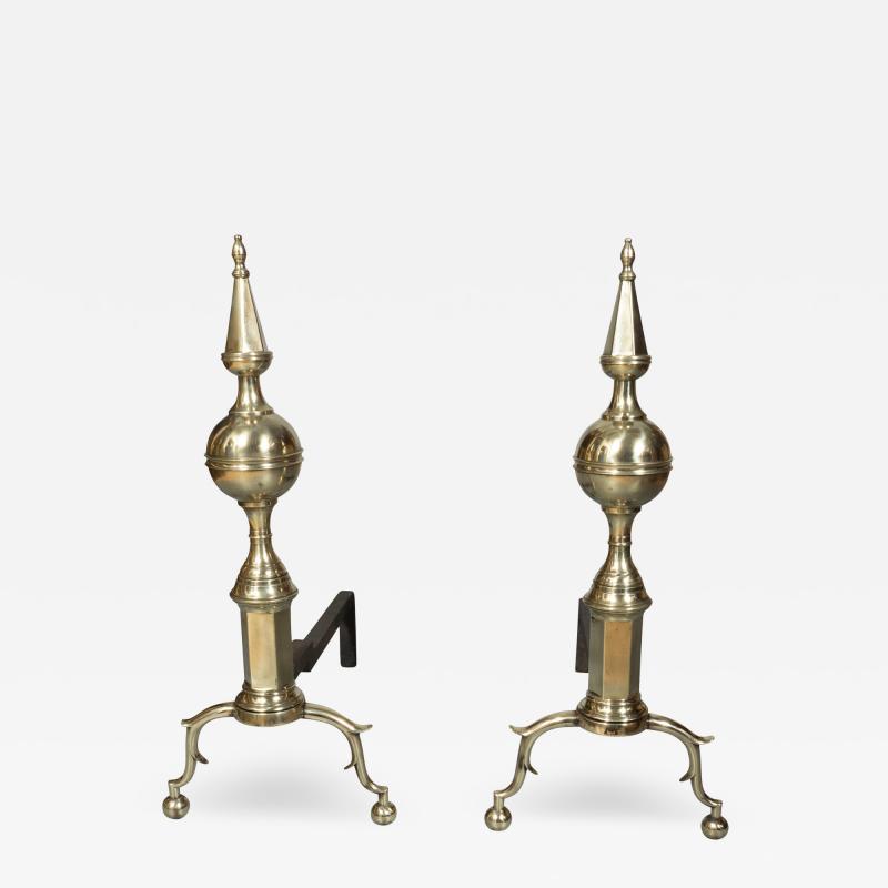 Pair Of American Brass Steeple Top Andirons