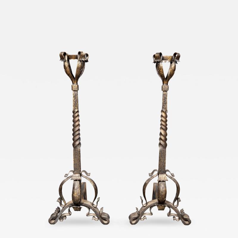 Pair Of Art Nouveau Wrought Iron Andirons