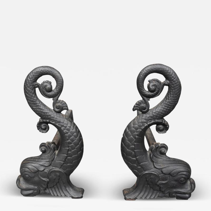 Pair Of Bradley Hubbard Dolphin Form Cast Iron Andirons