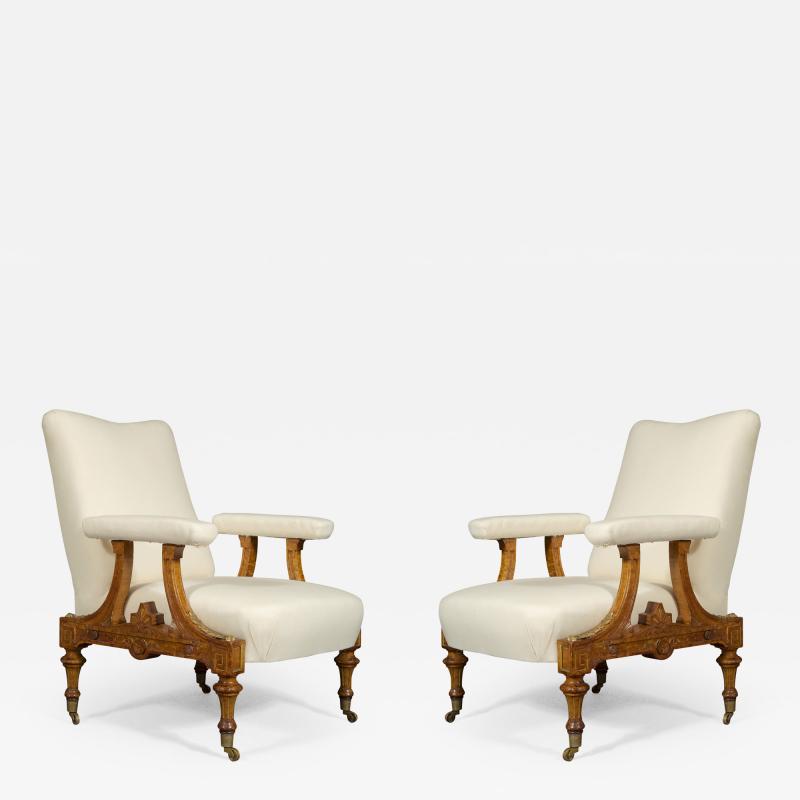 Pair Of Carved Birds Eye Maple And Gilt Brass Mounted Aesthetic Period Armchairs