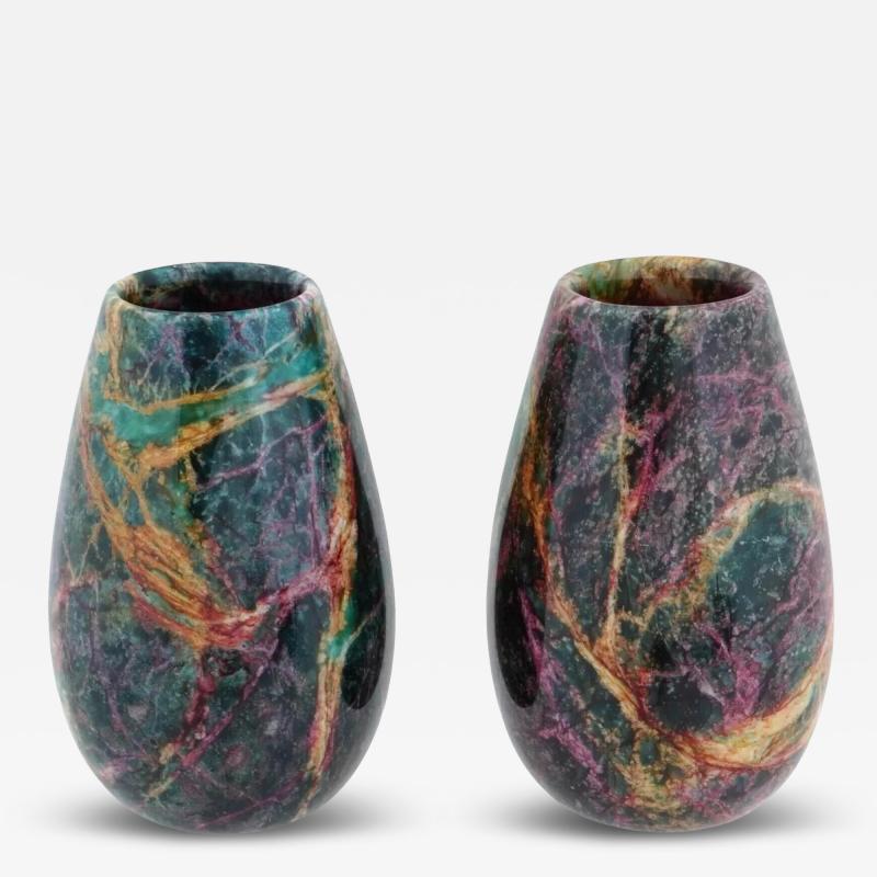 Pair Of Carved Multicolored Jasper Stone Vases