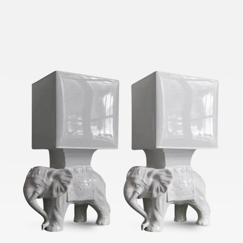 Pair Of Ceramic Elephant Lamps Complete With Lampshade
