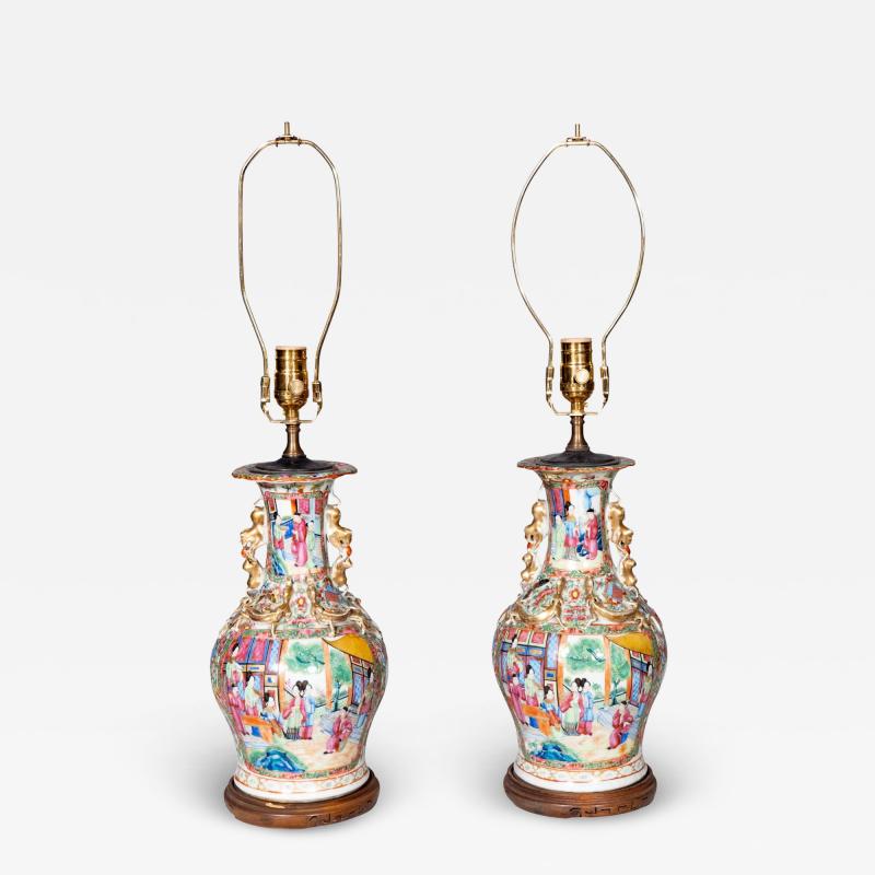 Pair Of Chinese Export Rose Mandarin Table Lamps