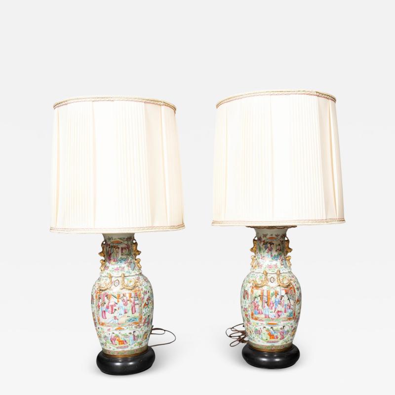 Pair Of Chinese Export Rose Mandarin Vases Mounted As Lamps