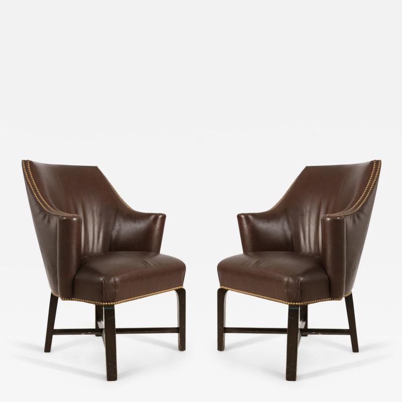 Pair Of Contemporary Brown Leather Rounded Back Club Armchair