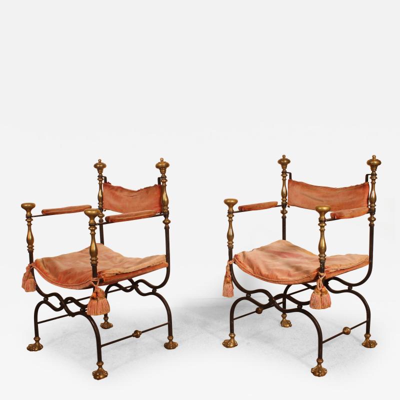 Pair Of Curule Armchairs In Wrought Iron And Bronze