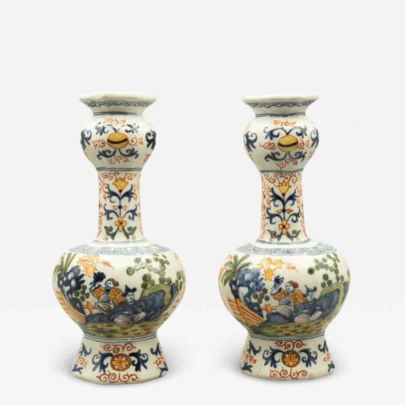 Pair Of Dutch Polychrome Delft Garlic Neck Vases