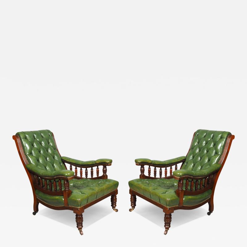 Pair Of English Late Victorian Green Tufted Leather Mahogany Armchairs