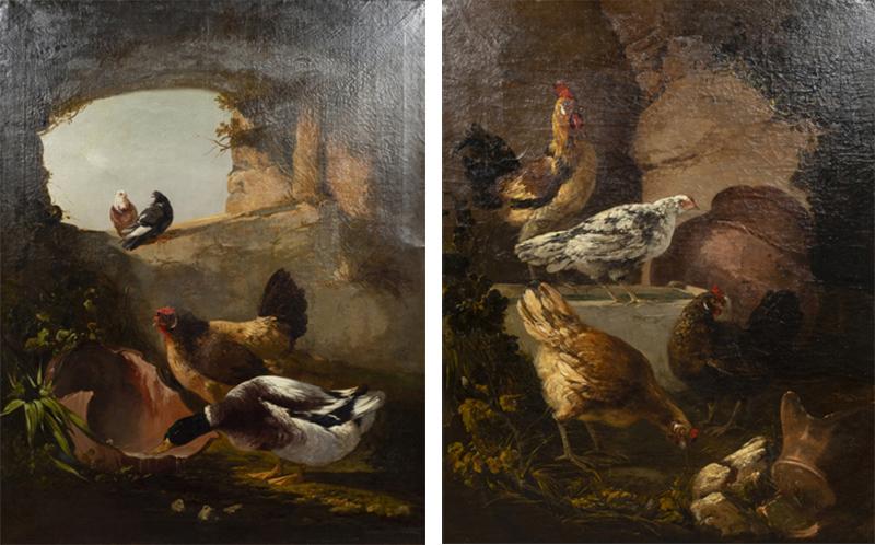 Pair Of European Oil on Canvas Paintings Of Birds In A Ruin