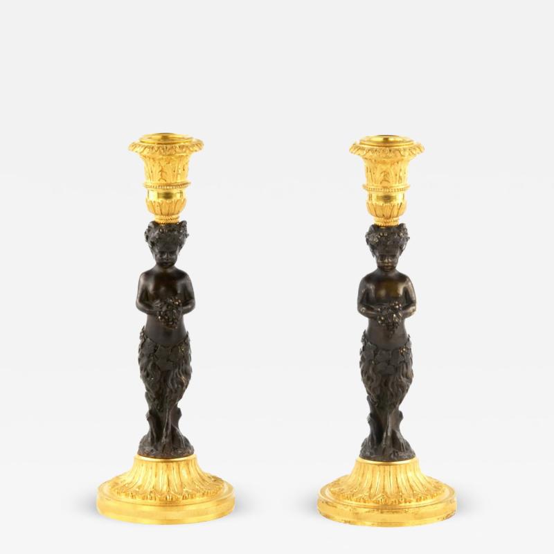 Pair Of French Bronze Candlesticks Fauns France Mid 19th Century