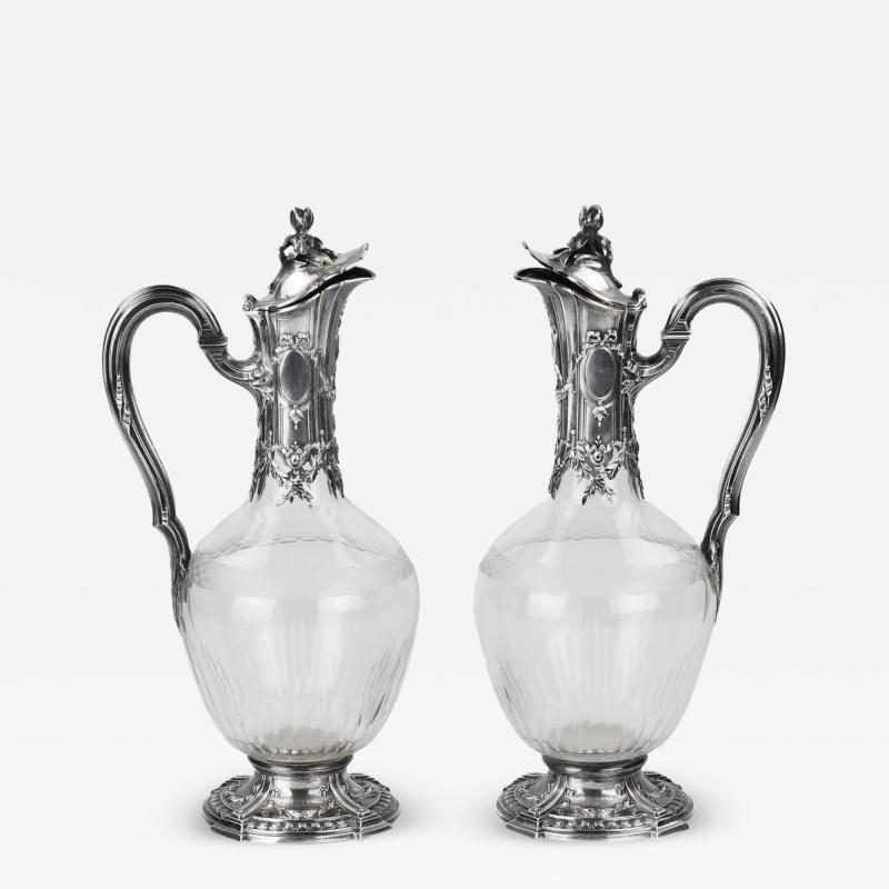 Pair Of French Silver Mounted Glass Wine Ewers Tetard Freres Paris