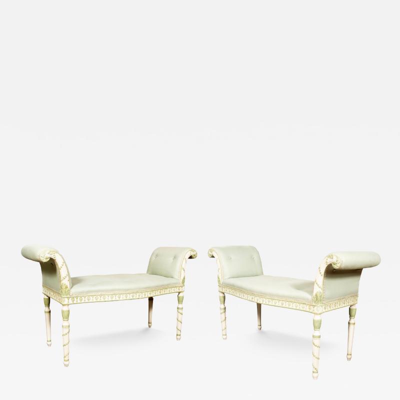 Pair Of George III White And Green Painted Window Benches