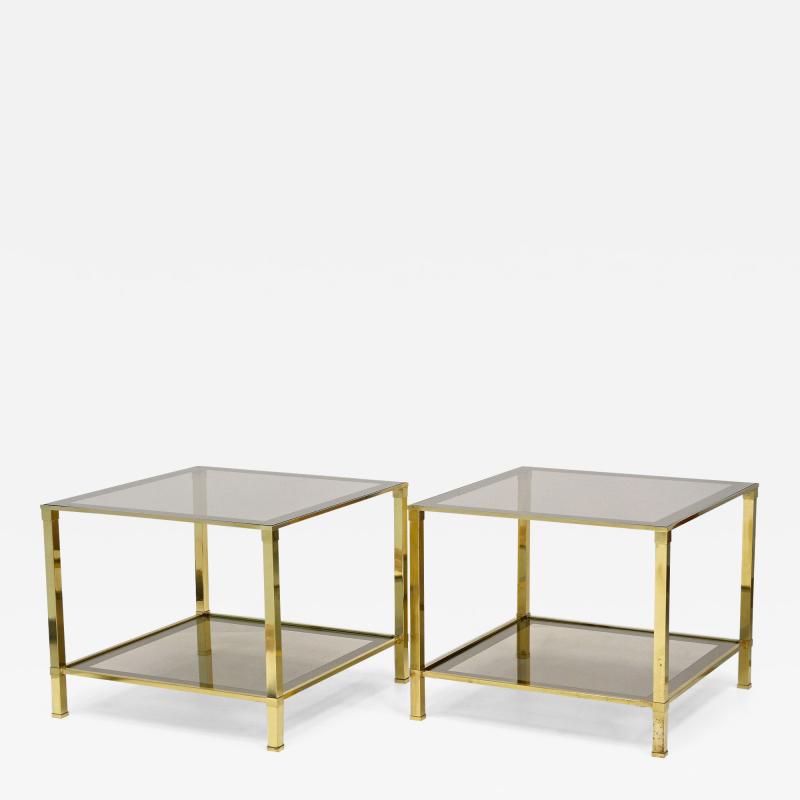 Pair Of Hollywood Regency Brass End Side Tables Smoked Glass Italy ca 1970