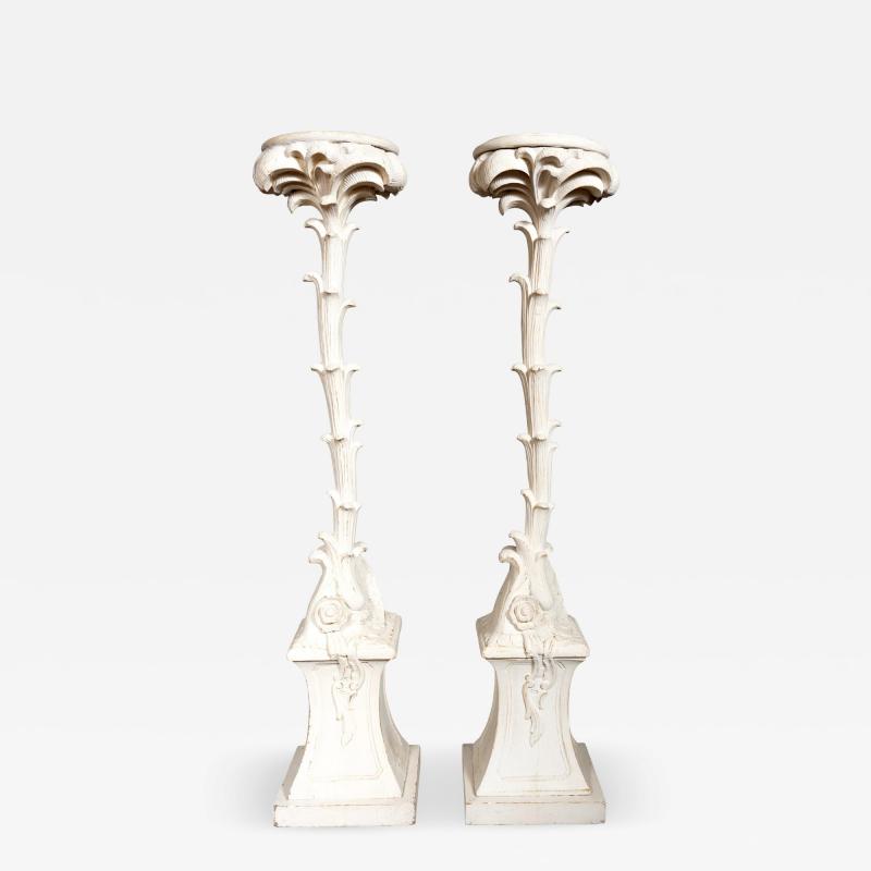 Pair Of Hollywood Regency Painted Palm Tree Pedestals