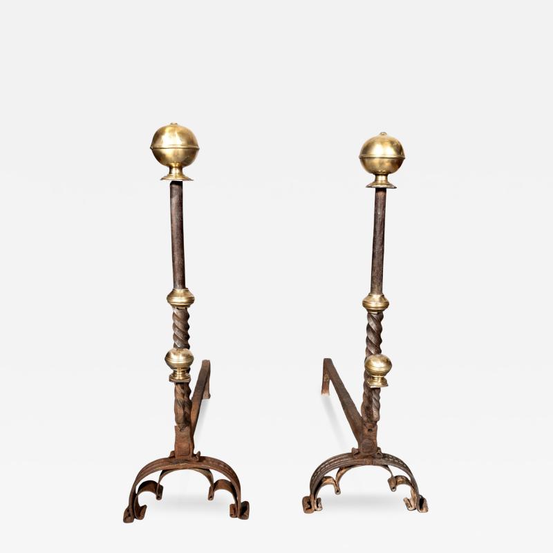 Pair Of Italian Baroque Wrought Iron And Brass Andirons