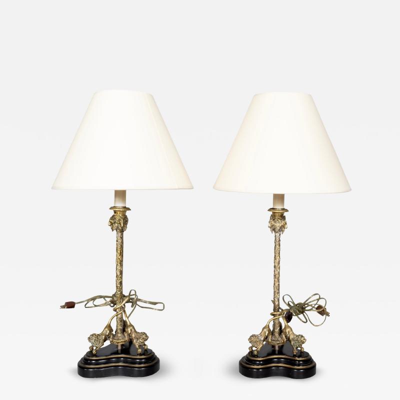 Pair Of Italian Bronze Candlestick Table Lamps with Mounted Lions