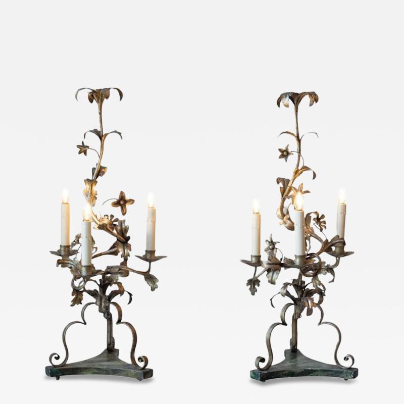 Pair Of Italian Candelabra 20th Century Silver leaf Wrought Iron Foliate Lamps