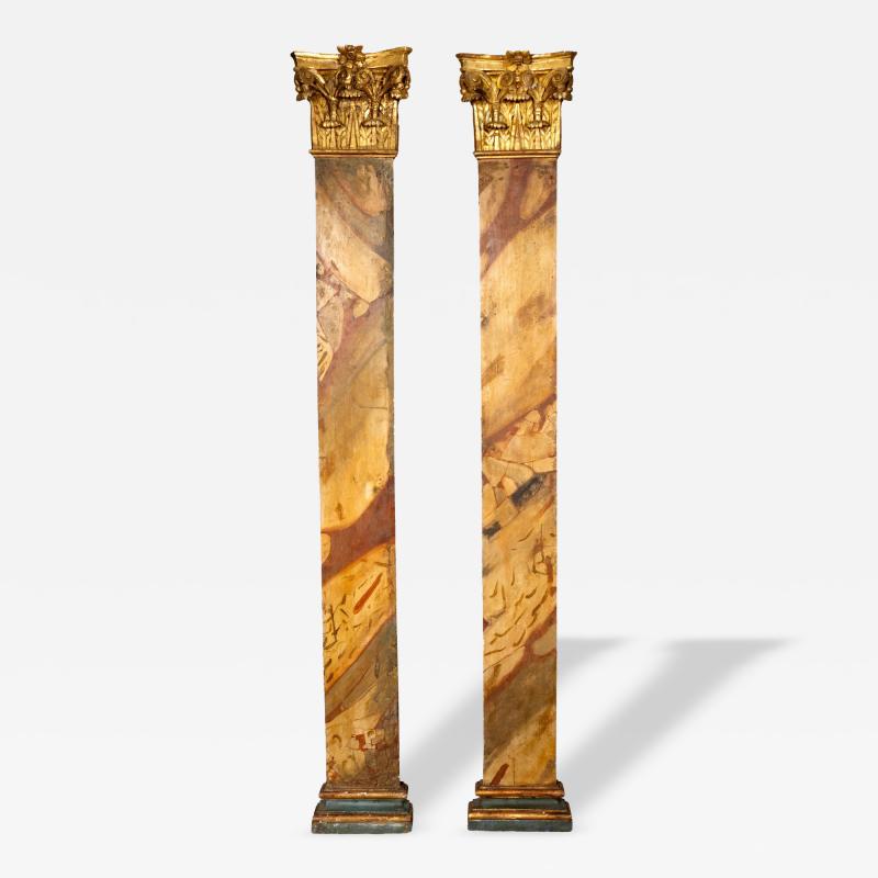 Pair Of Italian Faux Marble And Giltwood Wall Columns