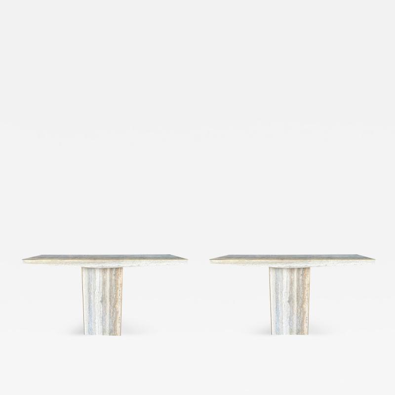 Pair Of Italian Modern Travertine And Brass Console Tables