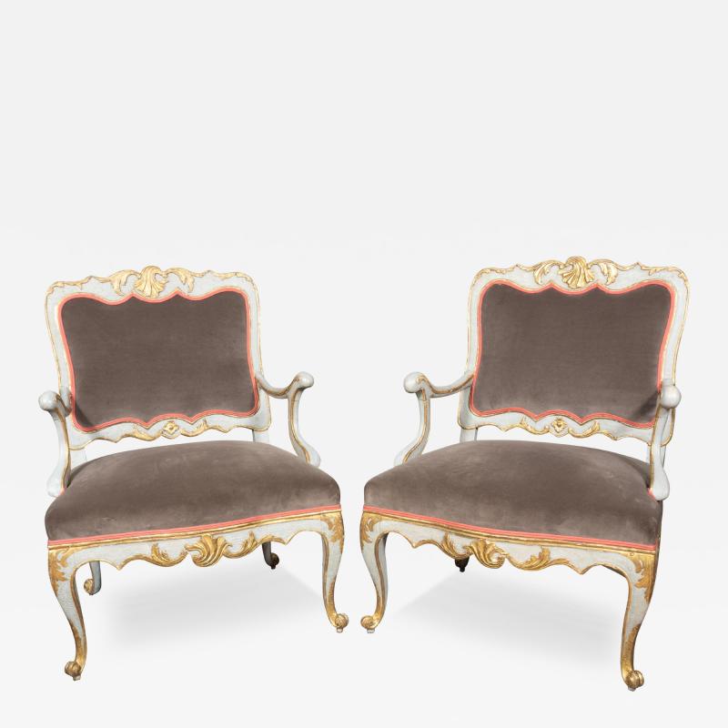 Pair Of Italian Rococo Blue Painted Armchairs