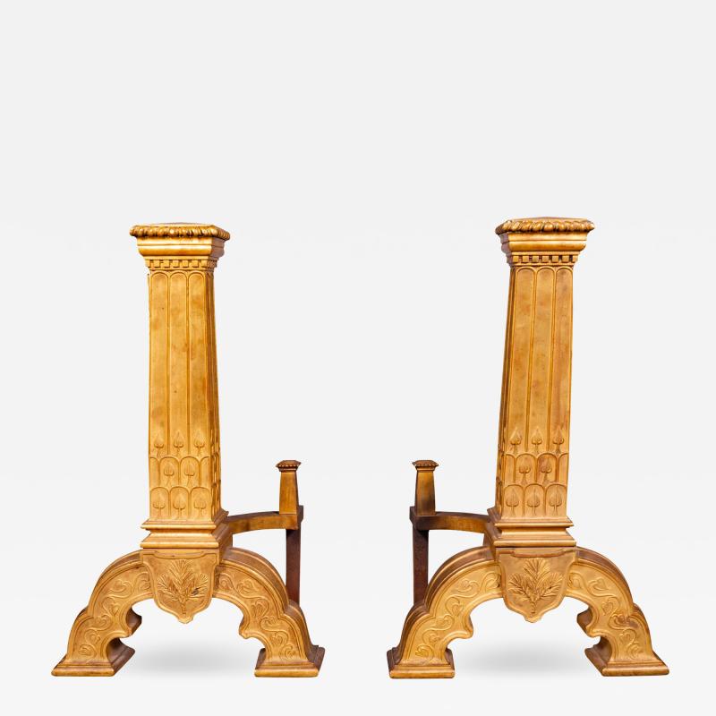 Pair Of Large And Impressive Arts and Crafts Gilt Bronze Andirons
