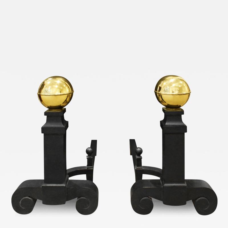 Pair Of Large Andirons In Wrought Iron with Brass Orbs 1970s