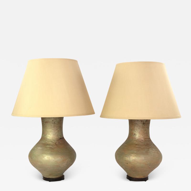 Pair Of Large Scale Glazed Concrete Ovid Form Table Lamps American Circa 1978 
