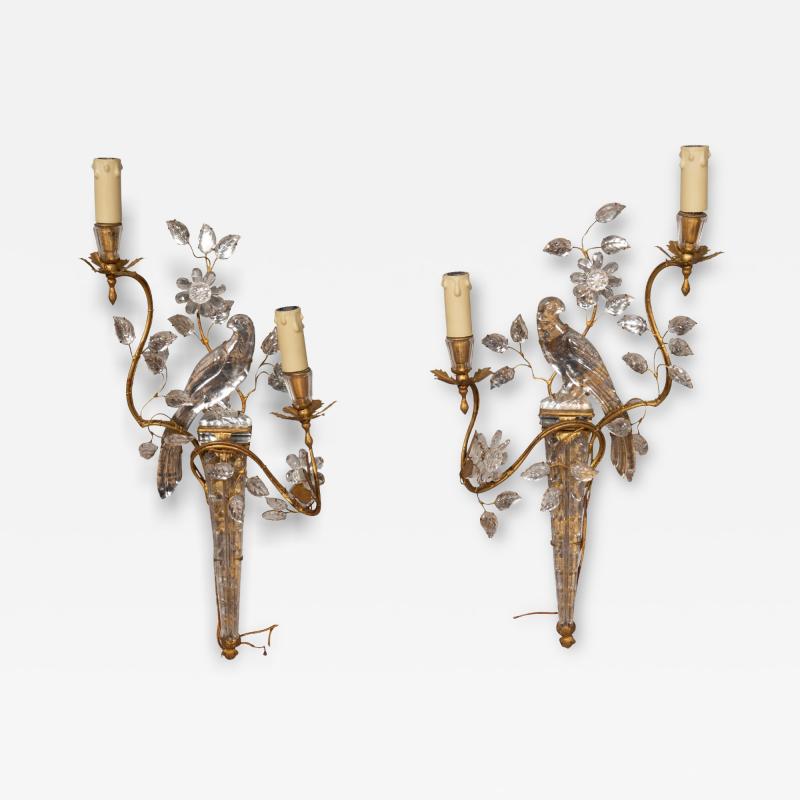 Pair Of Maison Bagues Parrot Form Crystal and Gilt Metal Wall Sconces