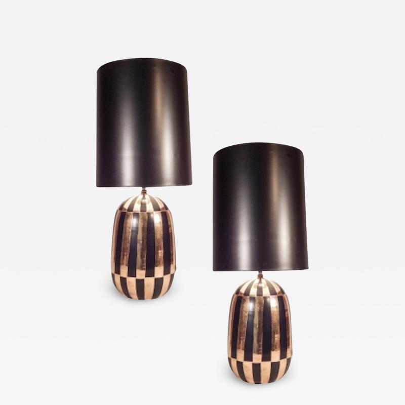 Pair Of Mid Century Black and Gold Ceramic Table Lamps