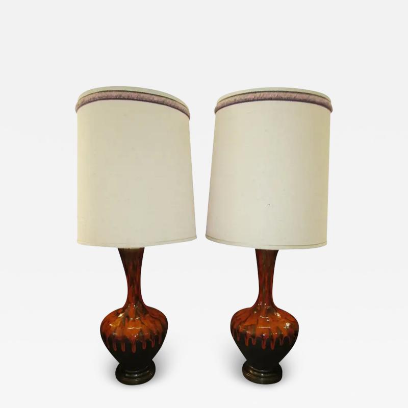 Pair Of Mid century Modern Orange Drip Glazed Lamps Danish