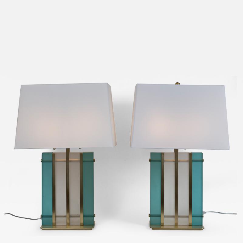 Pair Of Murano Aquamarine Brass Block Lamps