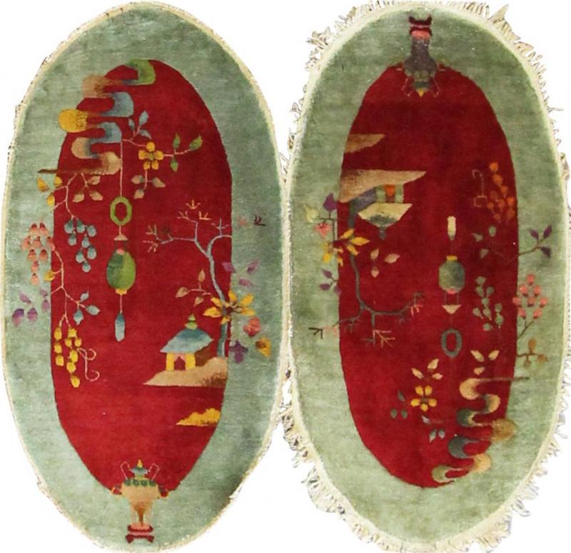 Pair Of Oval Shape Antique Art Deco Chinese Rugs 2 x 4 Each