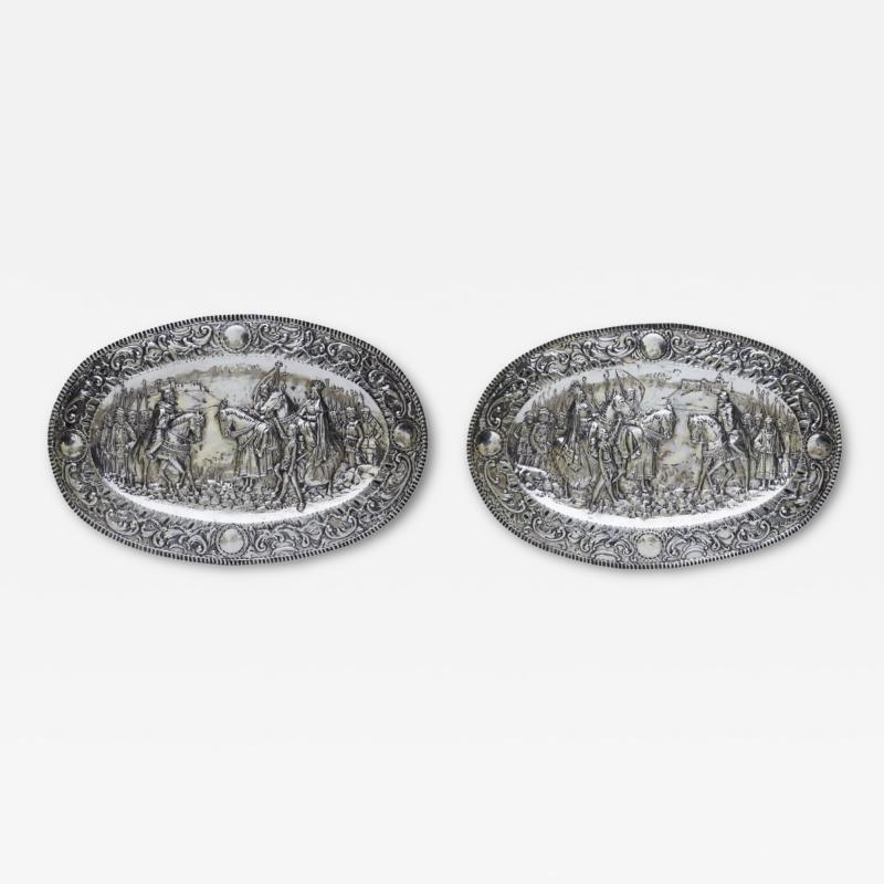Pair Of Silver Decorative Trays With Knightly Scenes In The Historicist Style