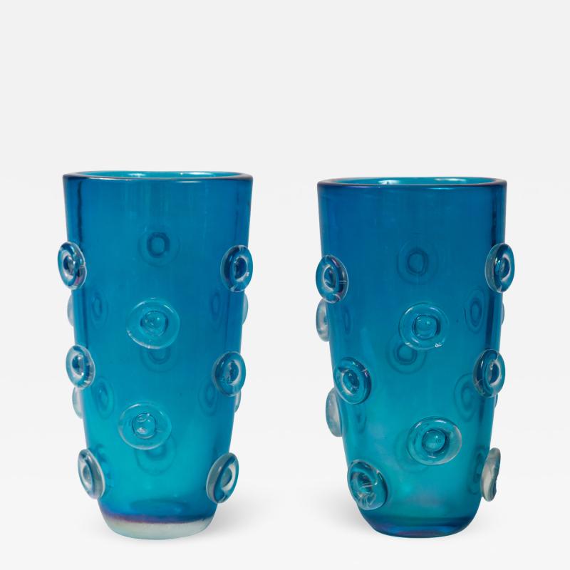 Pair Of Tall Murano Blown Irredescent Acquamarine Vases Contemporary