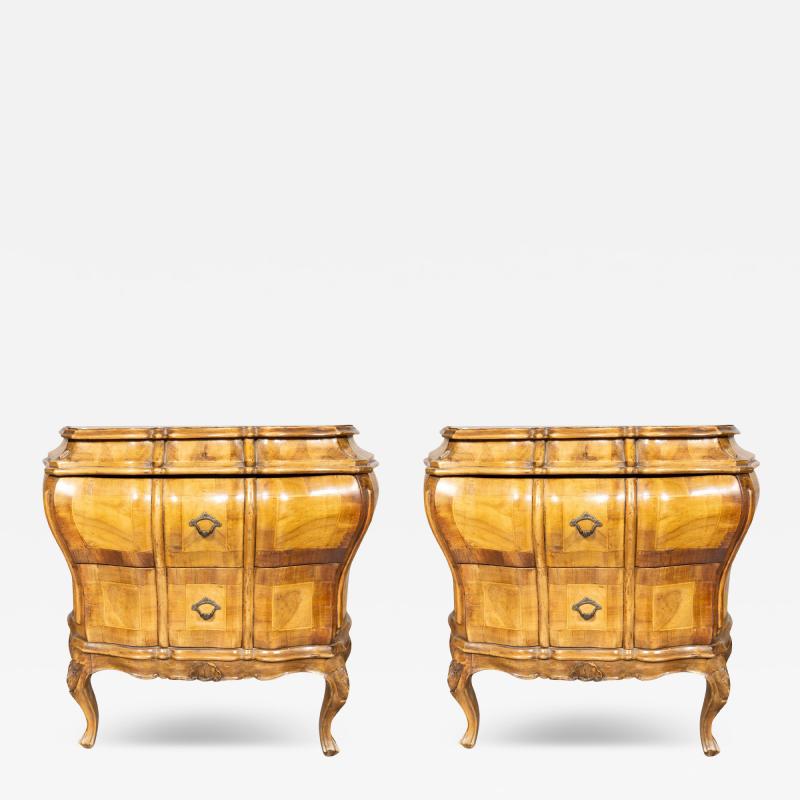 Pair Of Venetian Style Walnut Bombe Commodinis