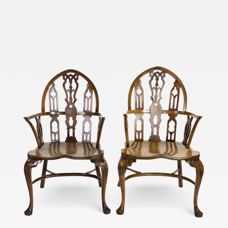 Pair Of Yew Wood Elm Gothic Windsor Arm Chairs Circa 1750 With Later Elements