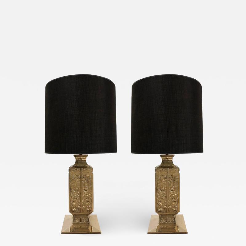 Pair Polished Bronze Asian Lamps By James Mont