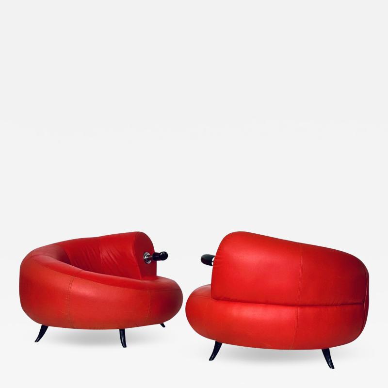 Pair Red Leather Postmodern Lounge Chairs Italy 1990