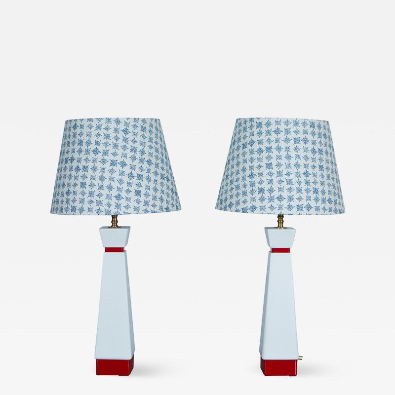 Pair Red and White Mid Century Lamps