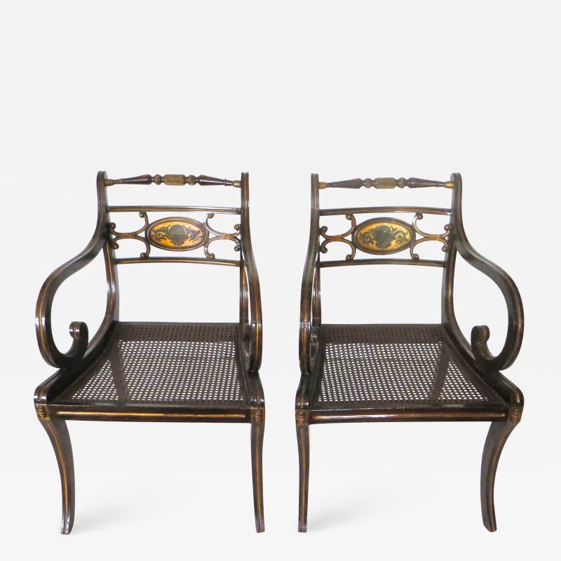 Pair Regency Faux Japanned and Parcel Gilt Arm Chairs Circa 1810